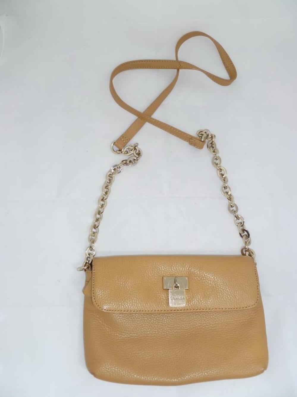 CALVIN KLEIN USED TAN/GOLD PEBBLED LEATHER SMALL FLAP CROSSBODY BAG/CHAIN STRAP